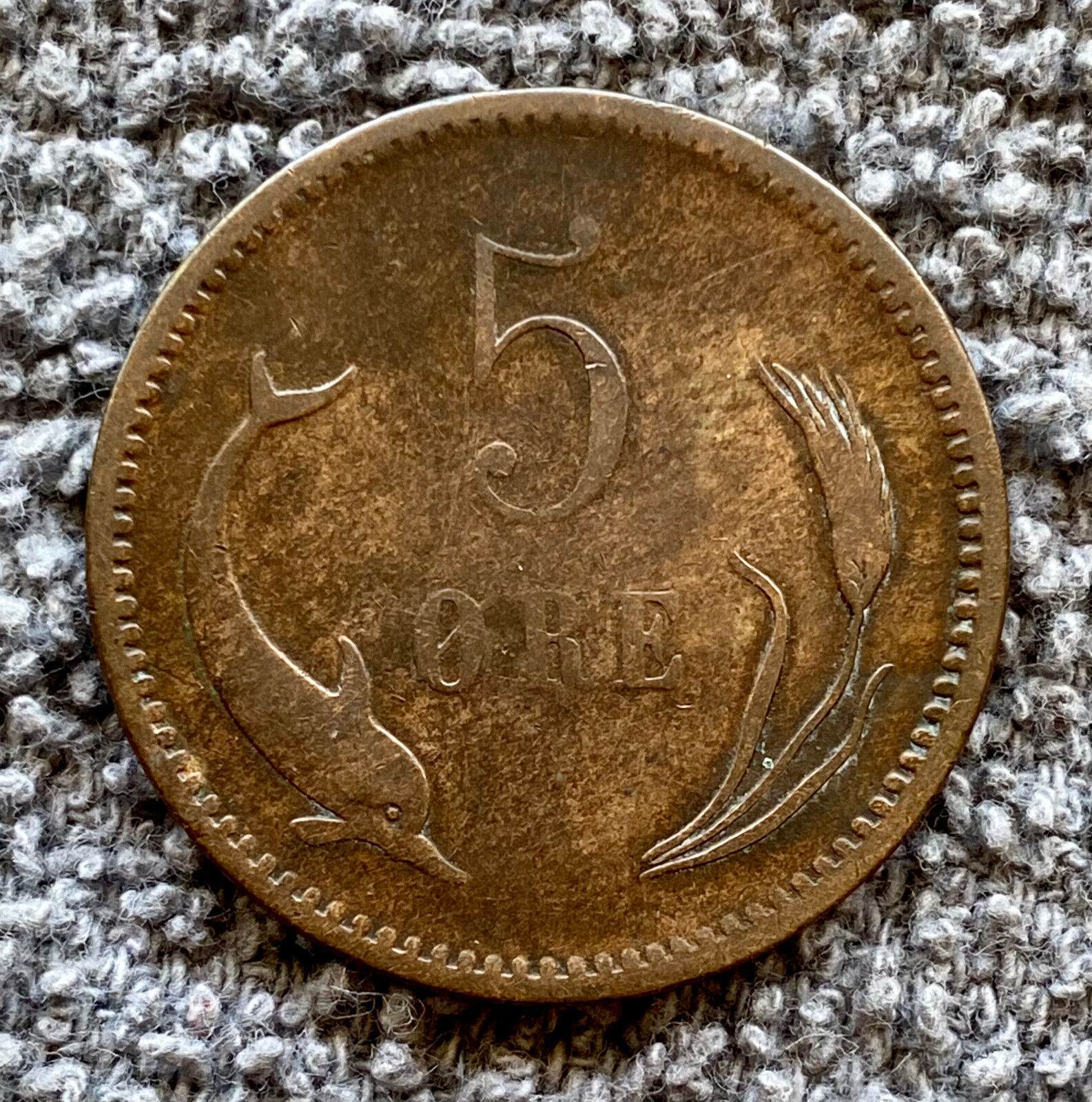 1874 Denmark 5 Ore, Christian Ix (bronze, 8.0 G), F