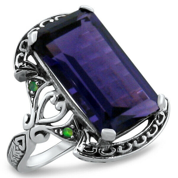 Antique Style 925 Sterling Silver 7 Ct Lab Amethyst & Opal Ring Size 4.75   #342