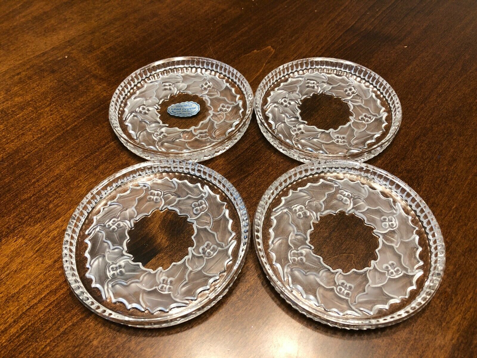 Set Of 4 Lead Crystal Christmas Wreath Coasters New In Box, Handmade In Germany