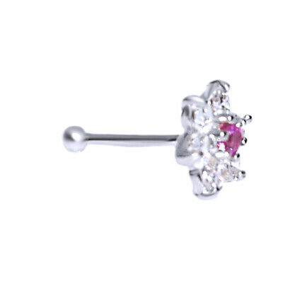 14k Solid White Gold Flower Nose Ring Stud W/cubic Zirconia