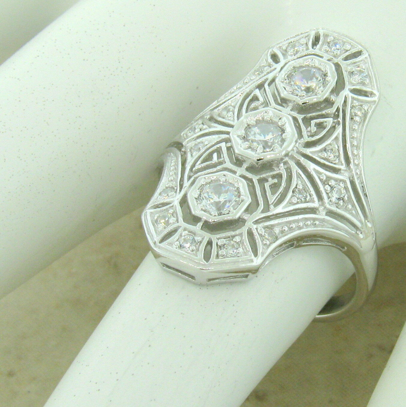 ART DECO RING 925 STERLING SILVER ANTIQUE STYLE CUBIC ZIRCONIA,            #1149