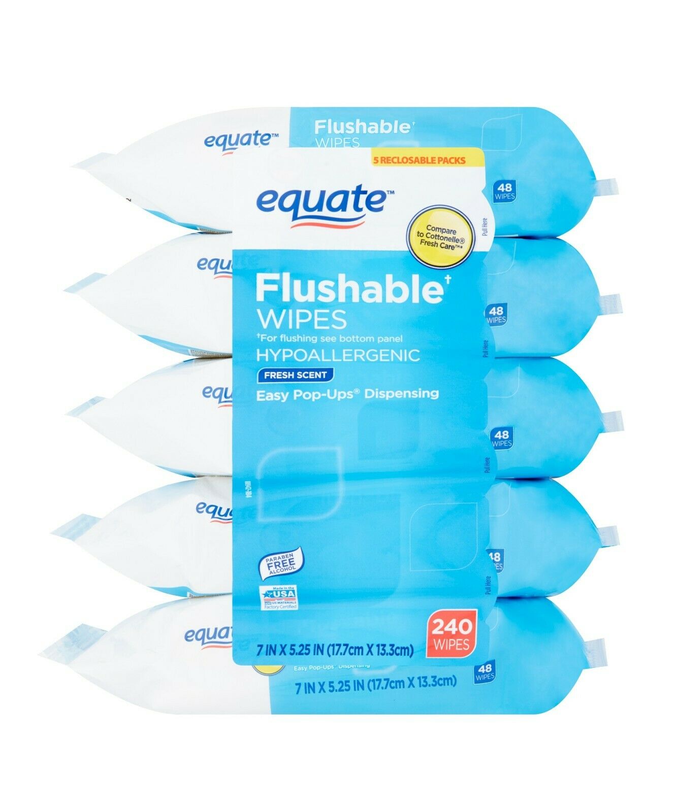 Equate Flushable Wipes, 5 Packs Of 48 Wipes, 240wipes Total Fresh Scent