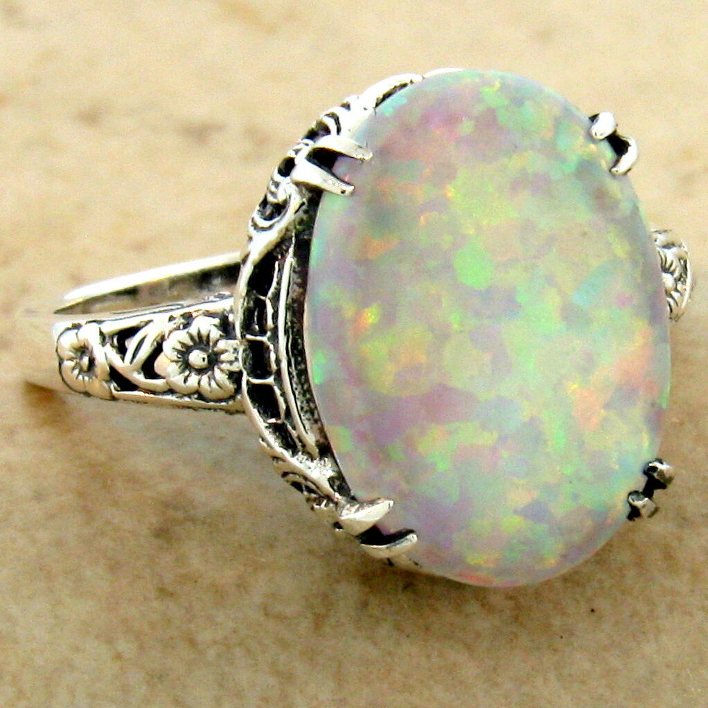 Nouveau Antique Style 925 Sterling Silver Lab Opal Filigree Ring,           #957