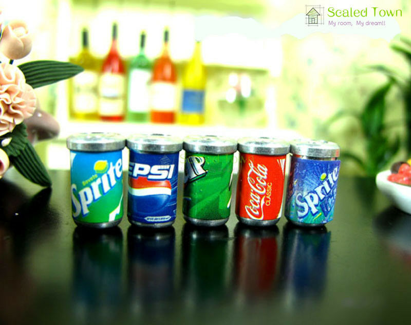 5 Dollhouse Miniature Soda Pop Cans Kitchen Food Drink Beverage Cola Pepsi 1/12