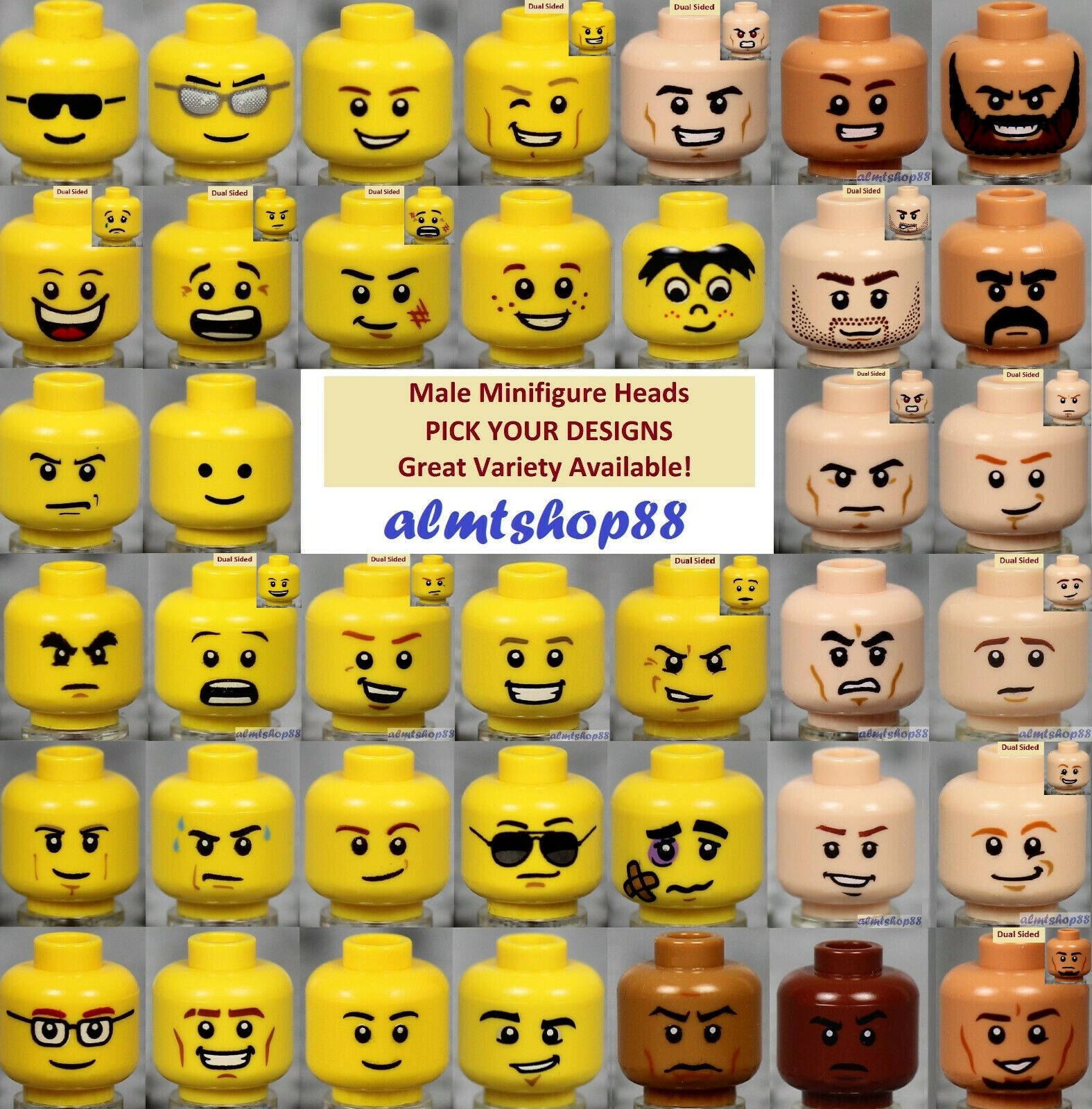 LEGO - MALE Minifigure Heads - PICK YOUR STYLE - Yellow Flesh Faces People Town