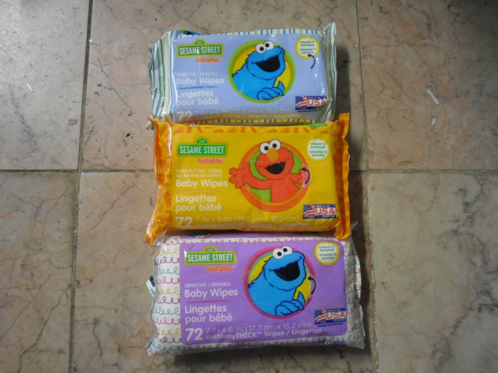 New !  Hushables Sesame Street Sensitive Baby Wipes Elmo Cookie Monster 72 count