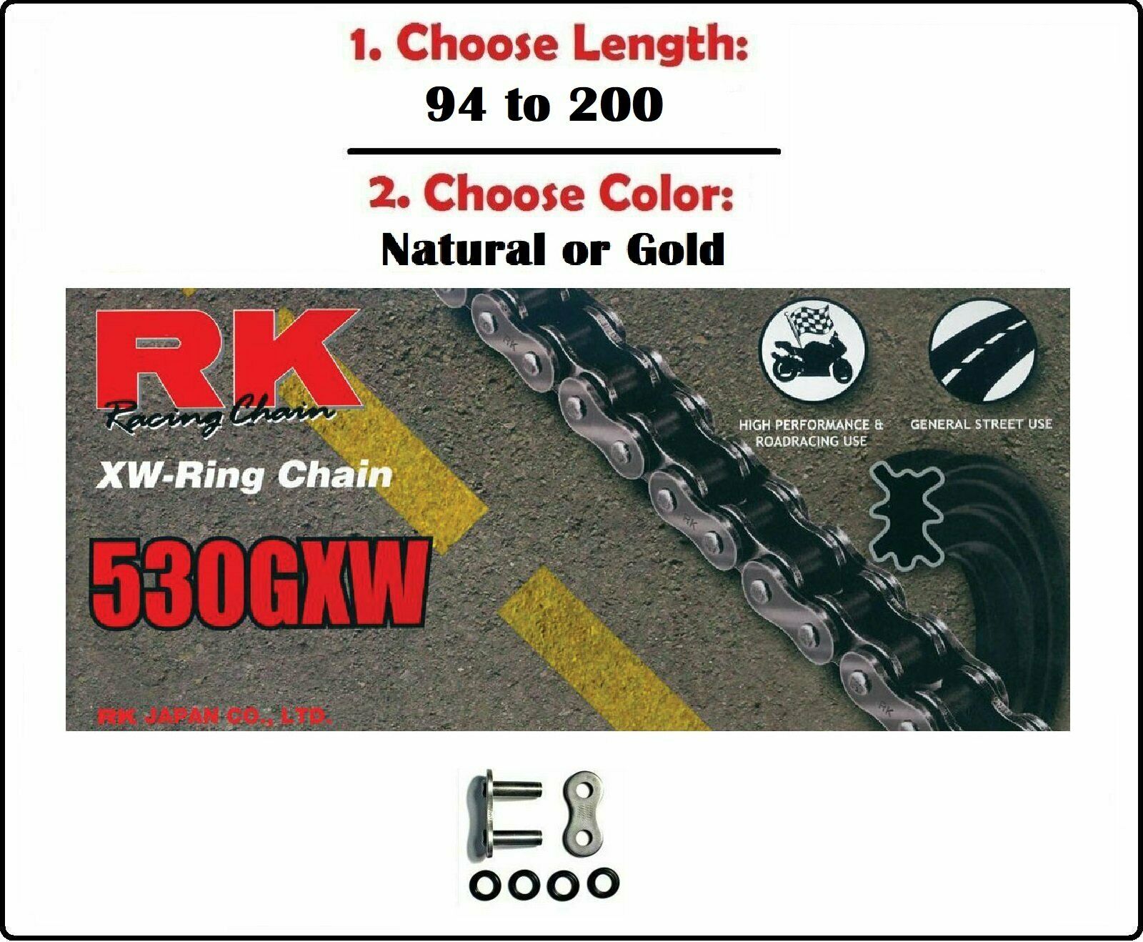 RK Chains 530 GXW Xring Drive Chain Natural or Gold with Rivet Master Link