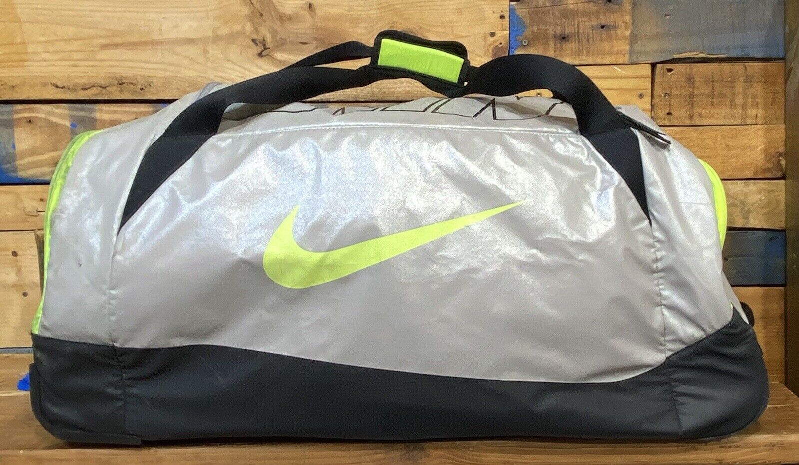 Nike Large Equipment Duffle Bag Wheels Carry Handle 32x12 Silver Neon Black