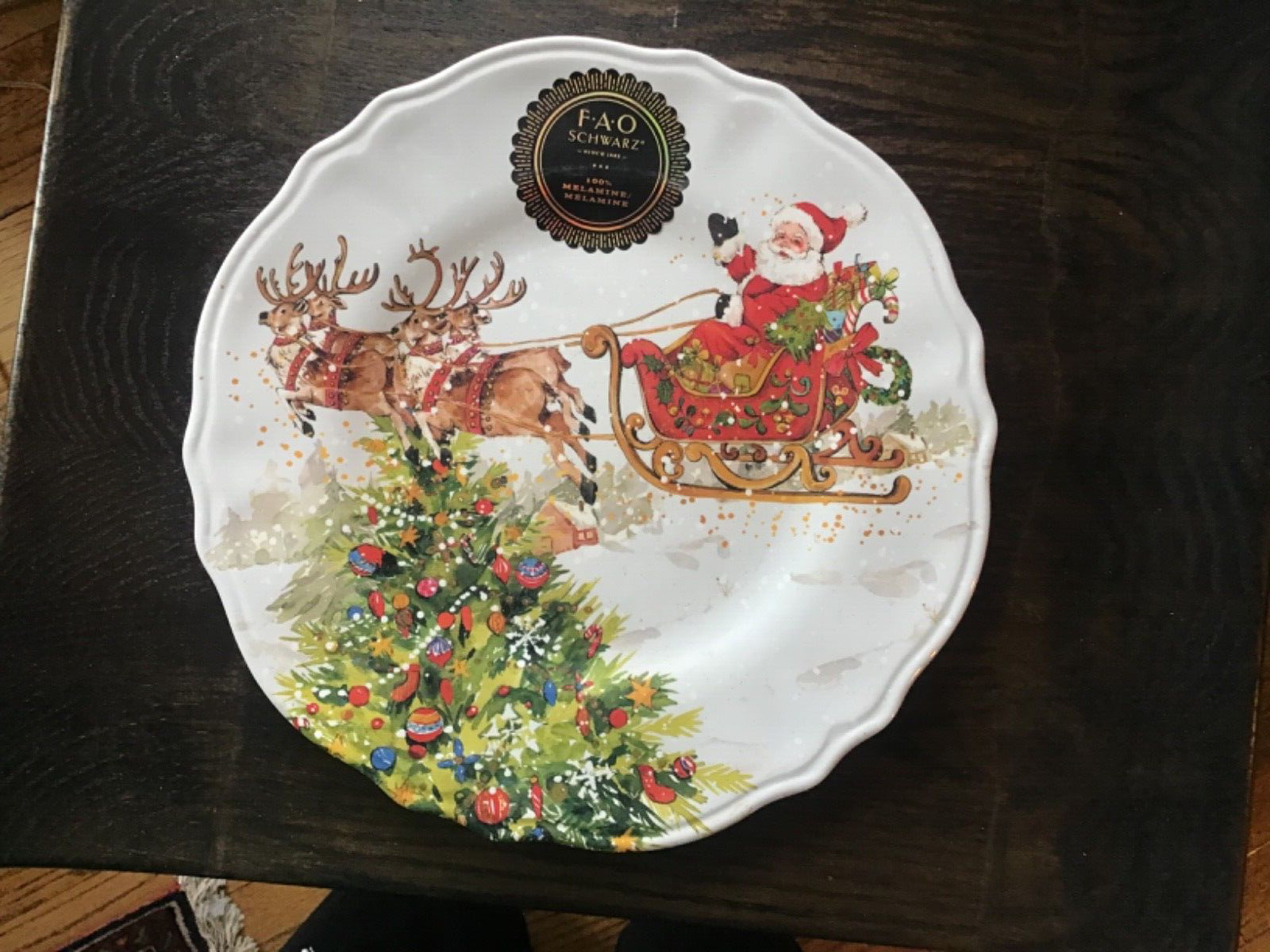 F.a.o Schwarz 3 Melamine Christmas Plates Santa On Sleigh