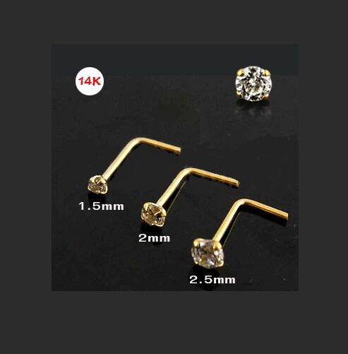 1x 22g 14K Solid Yellow Gold 2.5mm CZ L-Shaped Nose Ring Jewelry Bar 14KNS050