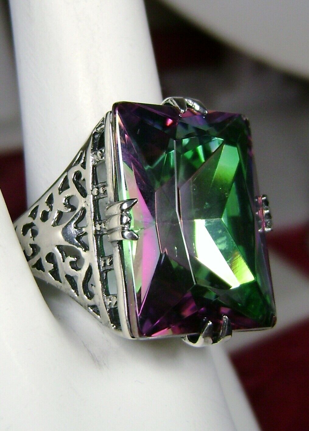 30ct Rainbow Mystic Sterling Silver Ring Huge Vintage Filigree Design#9 (Size 6)