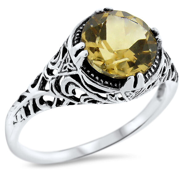 Art Deco Genuine 2 Ct Citrine Antique Style 925 Sterling Silver Ring Size 9 #638