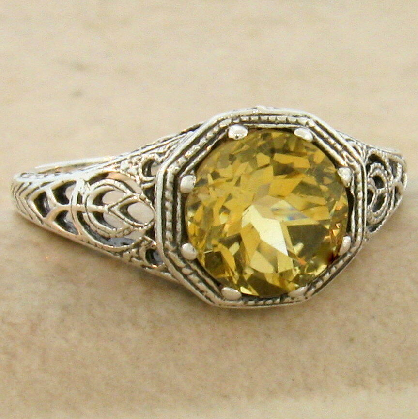 Genuine Citrine Art Deco 925 Sterling Silver Antique Style Ring,            #845