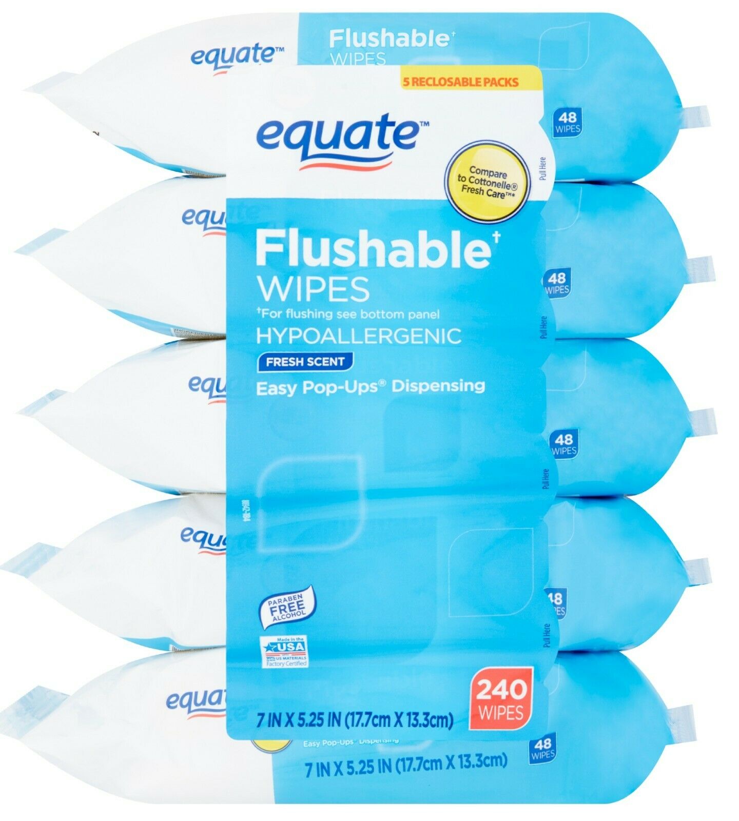 Equate Flushable Wipes, Fresh Scent, 5 Packs Of 48 Wipes, 240 Wipes Total