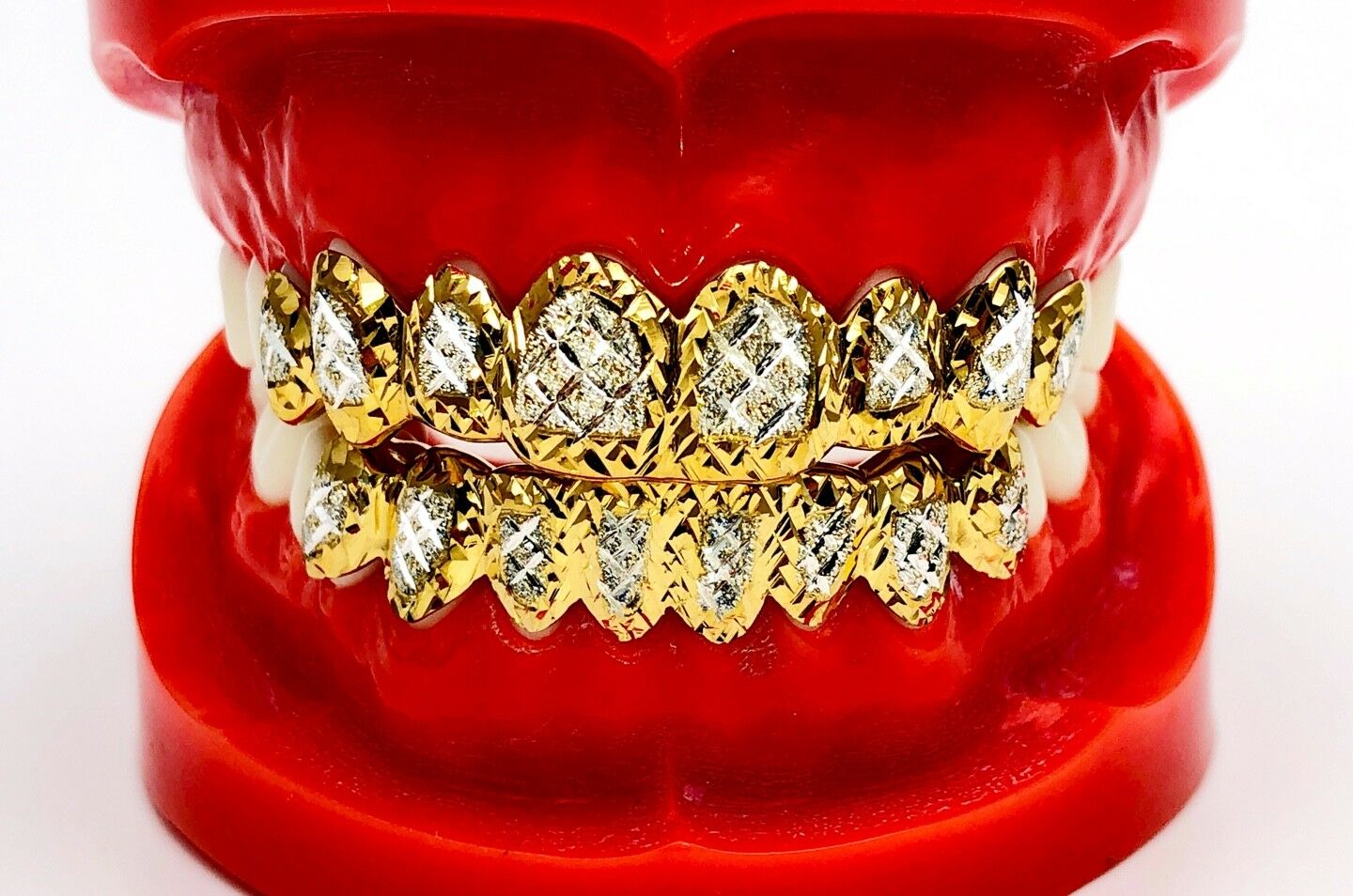 SOLID SILVER W/ 18K YELLOW GOLD TWO TONE PLATED PRINCESS DUST CUT GRILL GRILLZ