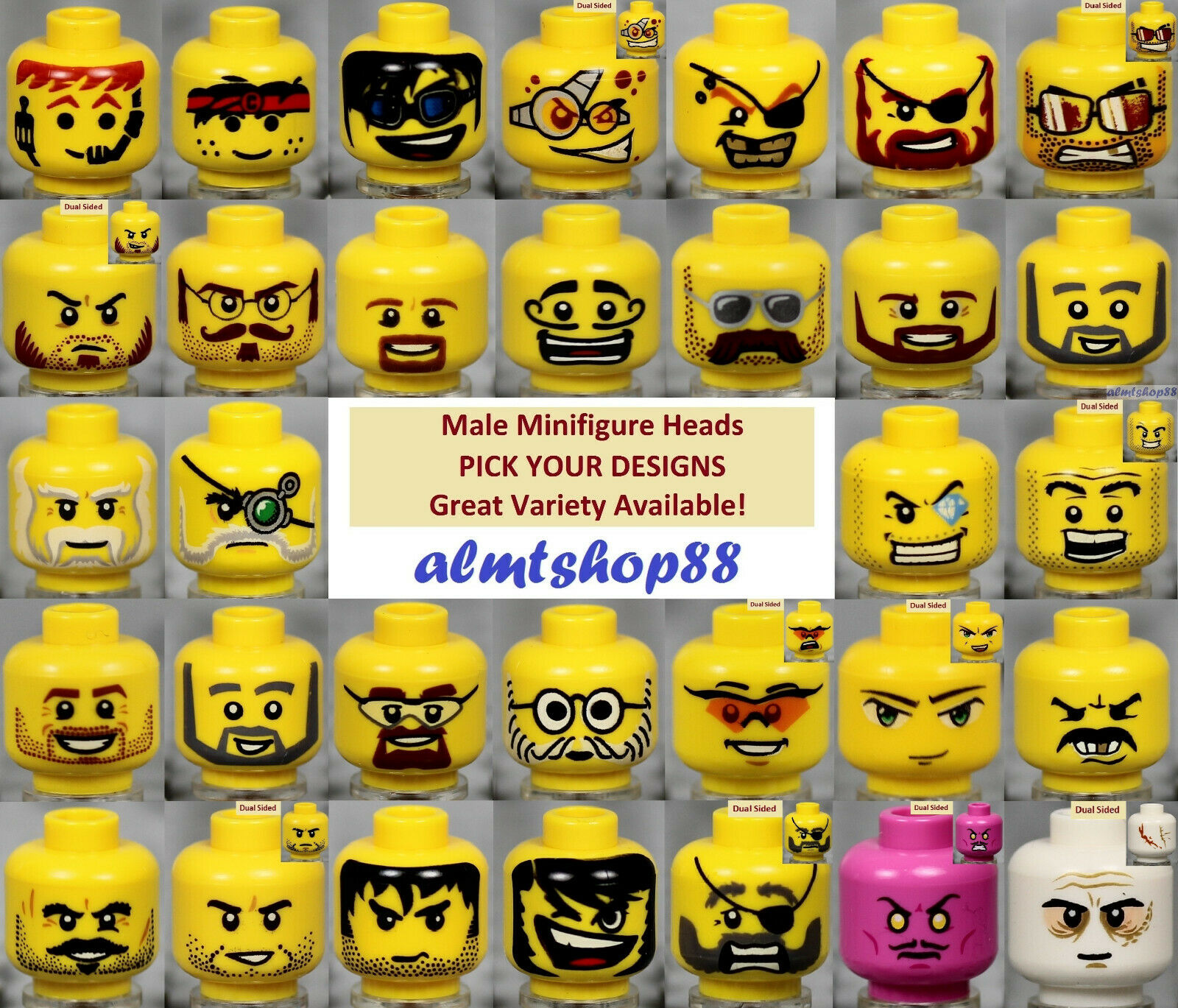 Lego - Male Minifigure Heads - Pick Your Style - Yellow Print Faces Head People