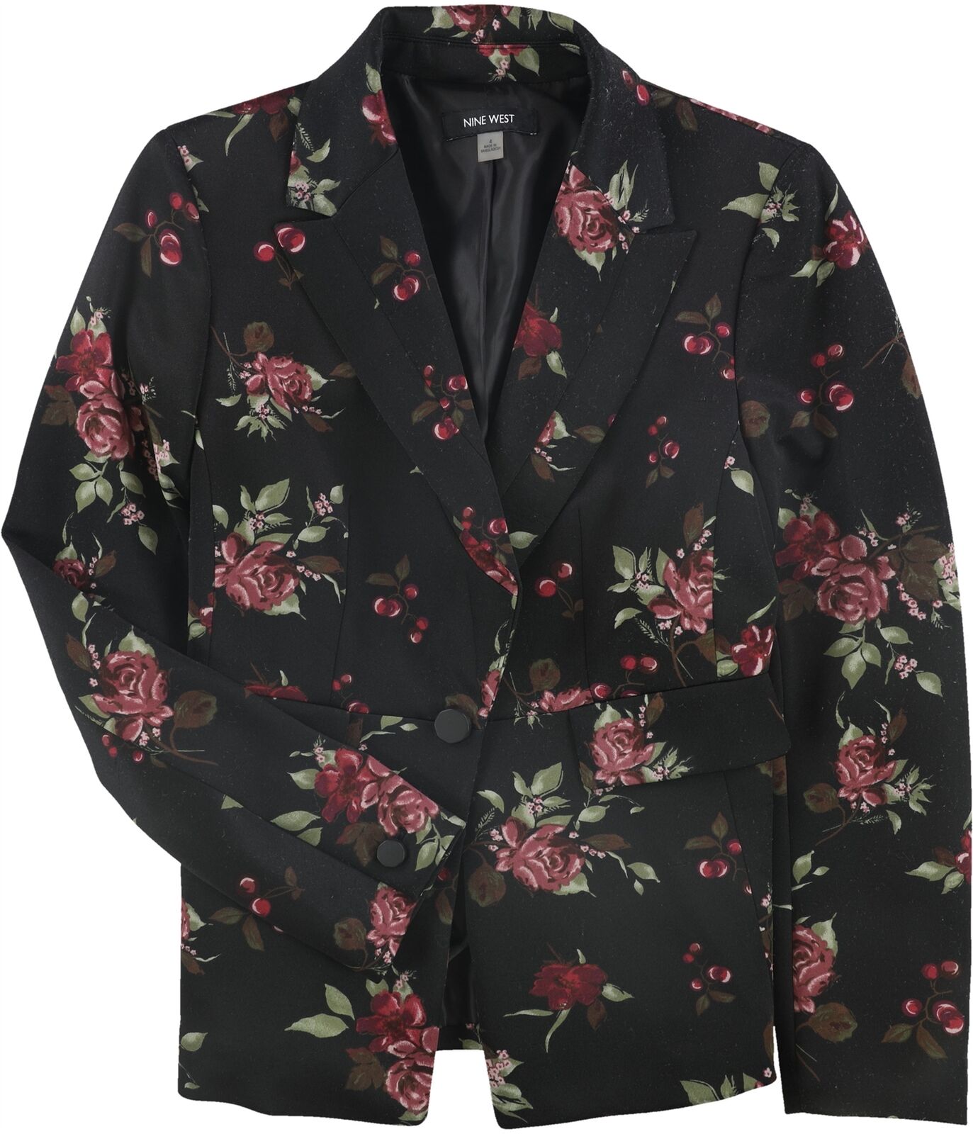Nine West Womens Floral One-button Jacket, Black, 4