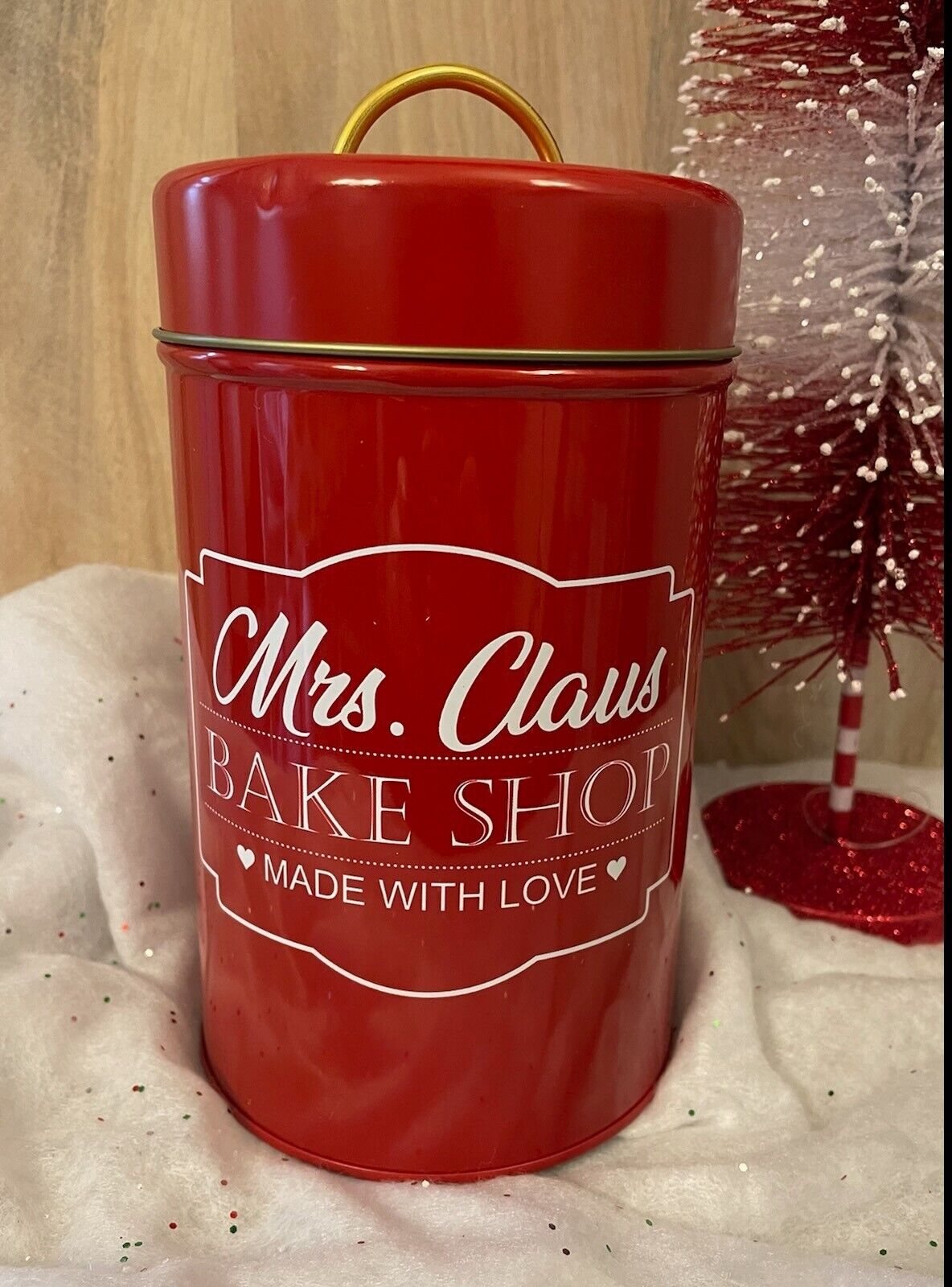 New Retro Vintage Red Mrs. Claus Bake Shop Cookies Tin Canister Container