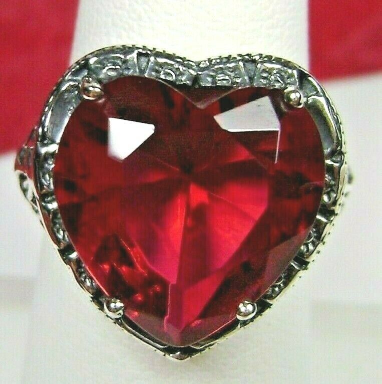 10ct Ruby Sim Art Deco Heart Sterling Silver Ring (Custom-Made)* LUCILLE