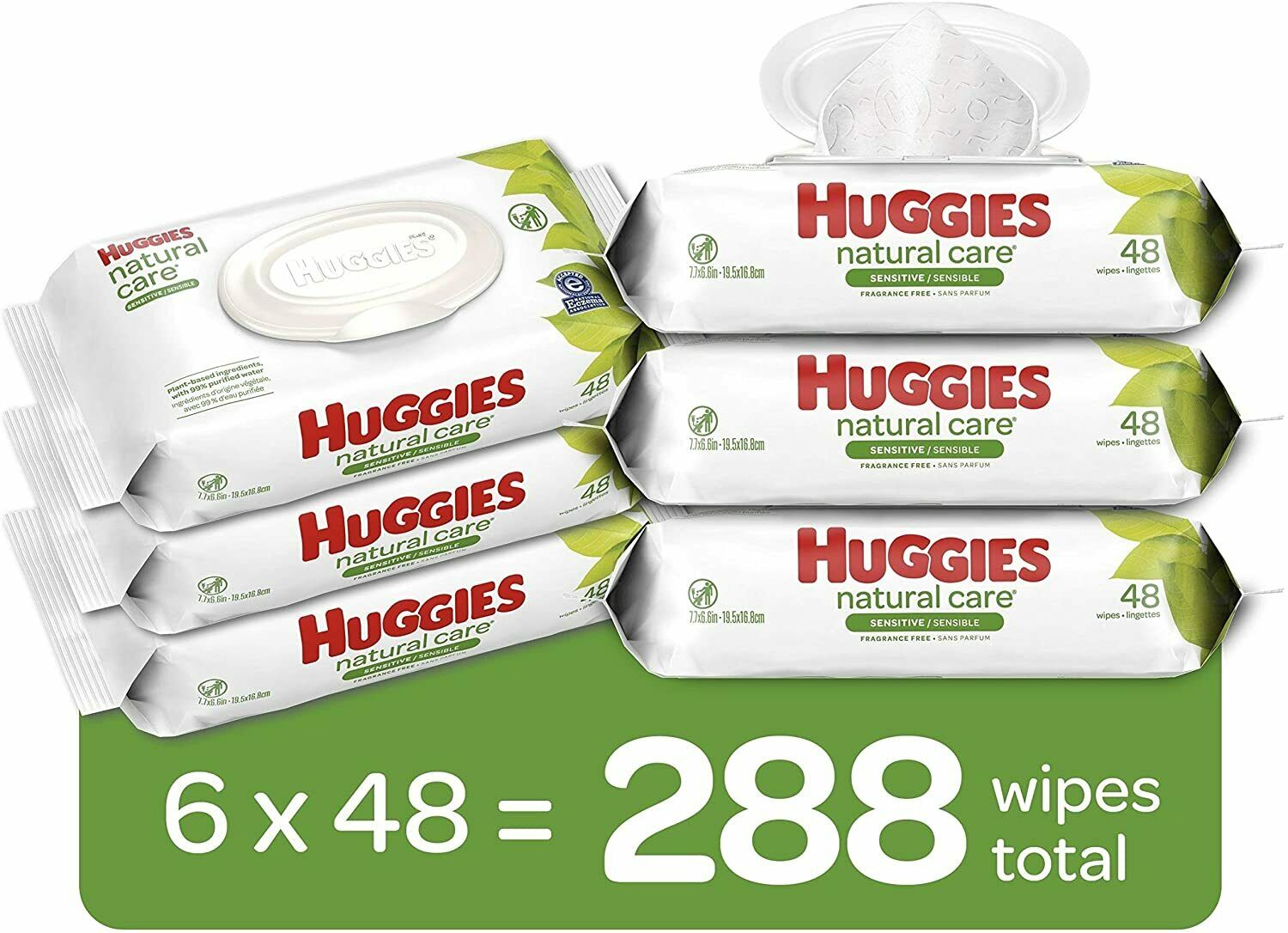 Huggies Natural Care Sensitive Baby Wipes, Unscented, 6 Flip-top Packs (288 Ct)