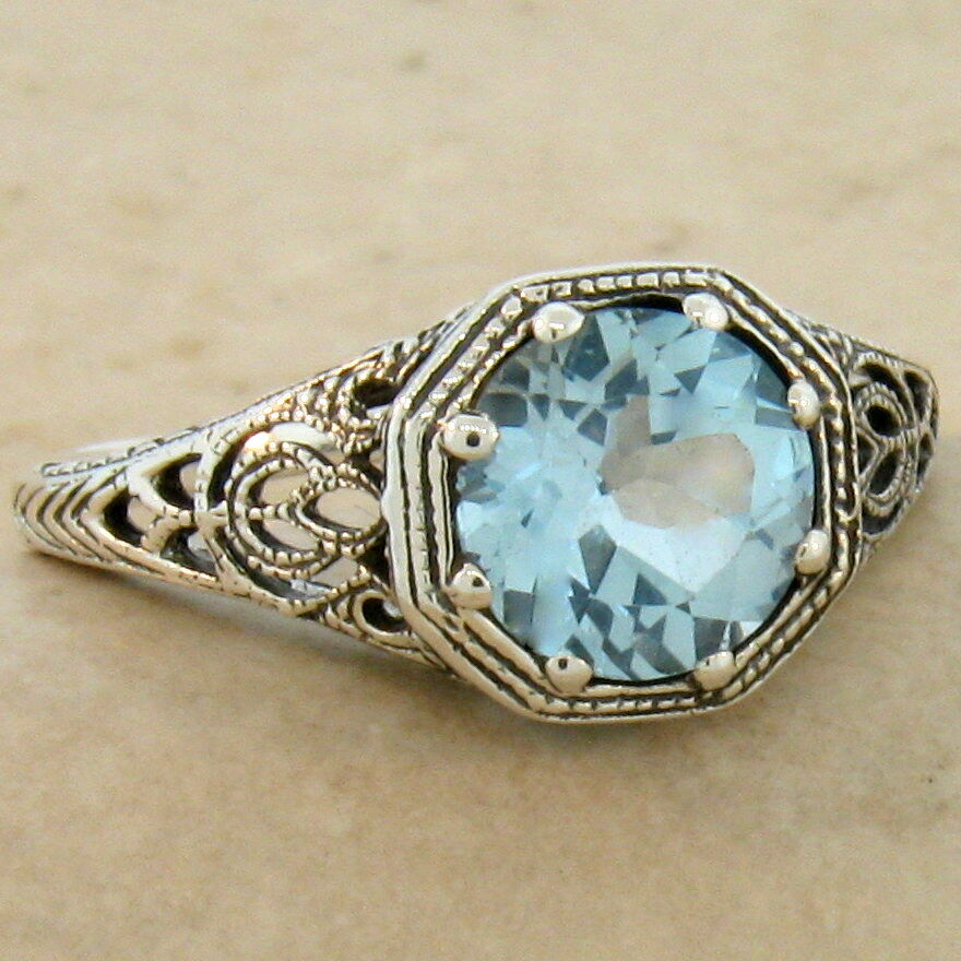 GENUINE SKY BLUE TOPAZ ART DECO ANTIQUE STYLE 925 STERLING SILVER RING,     #882