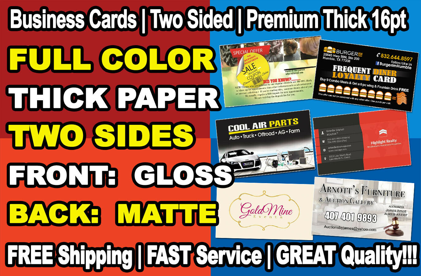 GLOSS & MATTE 5000 Full Color Custom Business Cards - FREE Ship- Printed 2 Sides