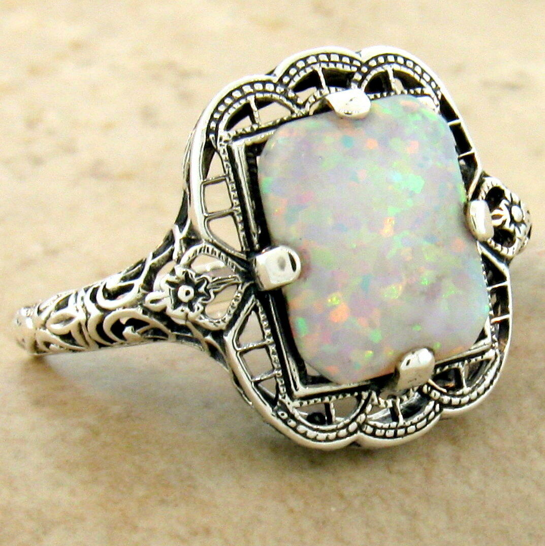 VICTORIAN STYLE 925 STERLING SILVER LAB OPAL FILIGREE RING,                 #994